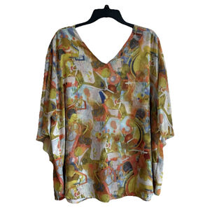 Multiples 2X Busy Print Butterfly Style Top W Built In Stretchy Tank Wing Sleeve